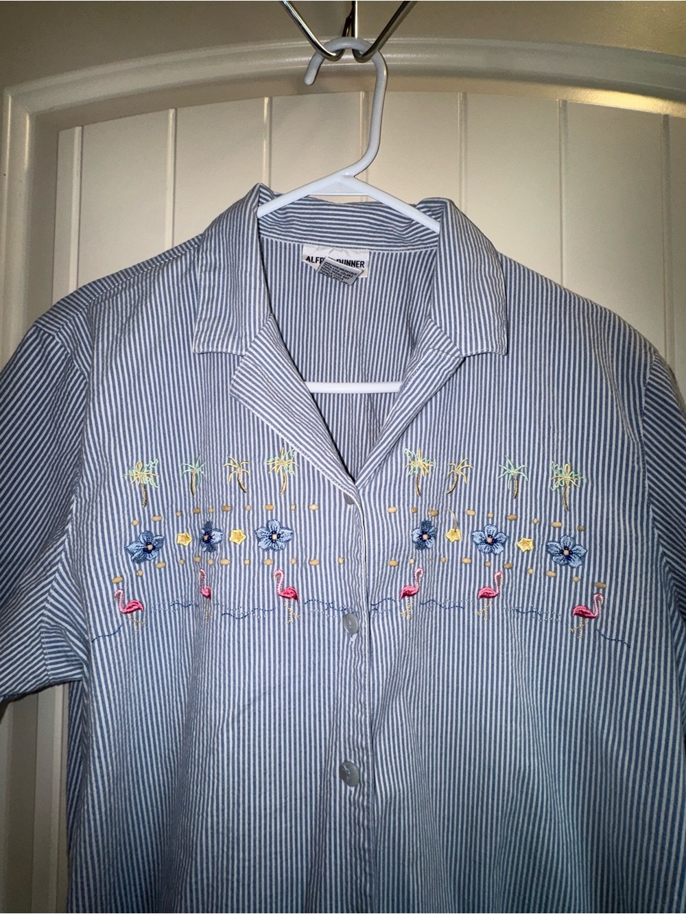 Alfred Dunner Blue & White Striped Button-Down with Floral & Flamingo Embroidery